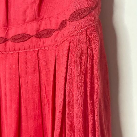 Free People Cherry Red Embroidered Pleated Sleeveless Dress Size 4 - Picture 7 of 10